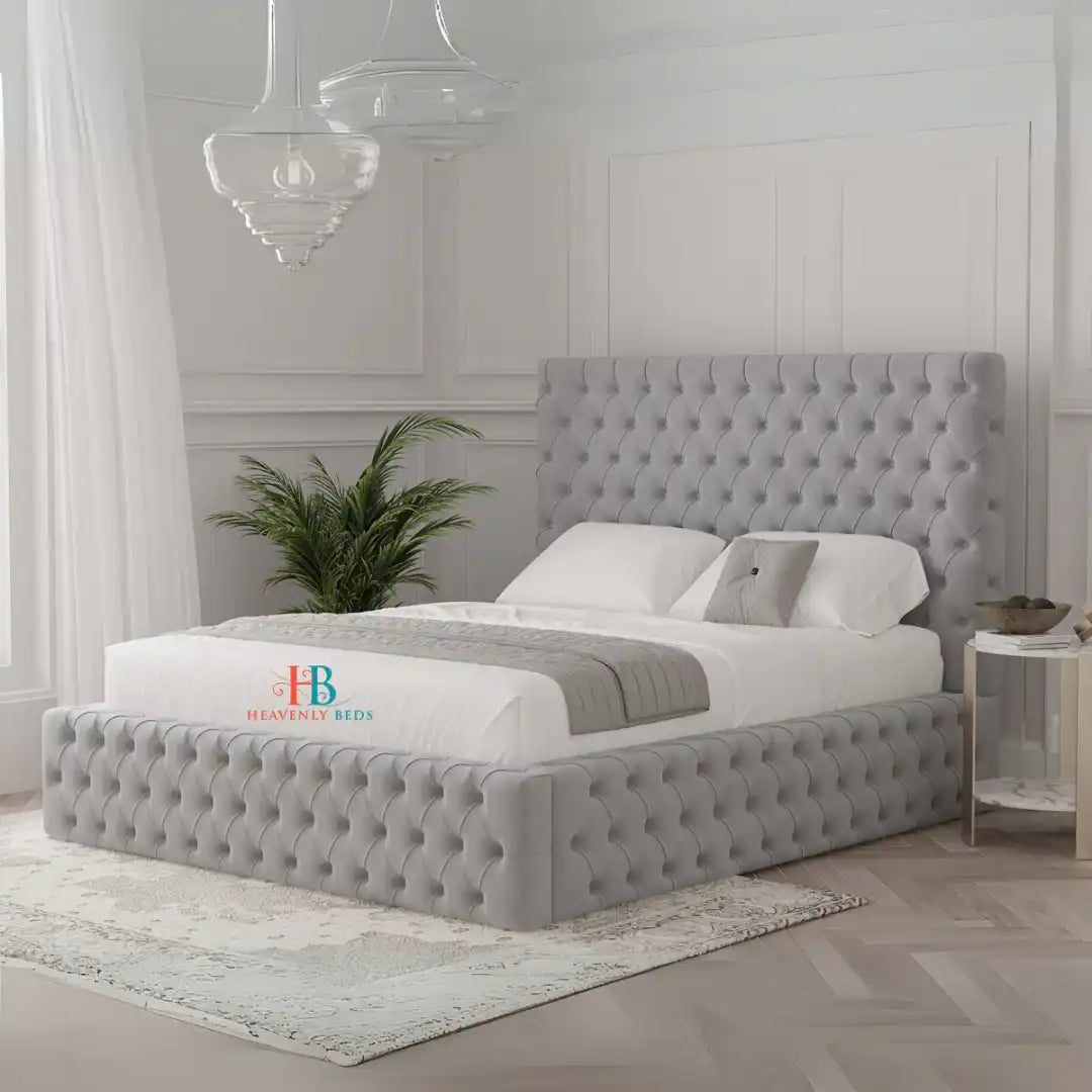 Upholstered storage bed in grey plush