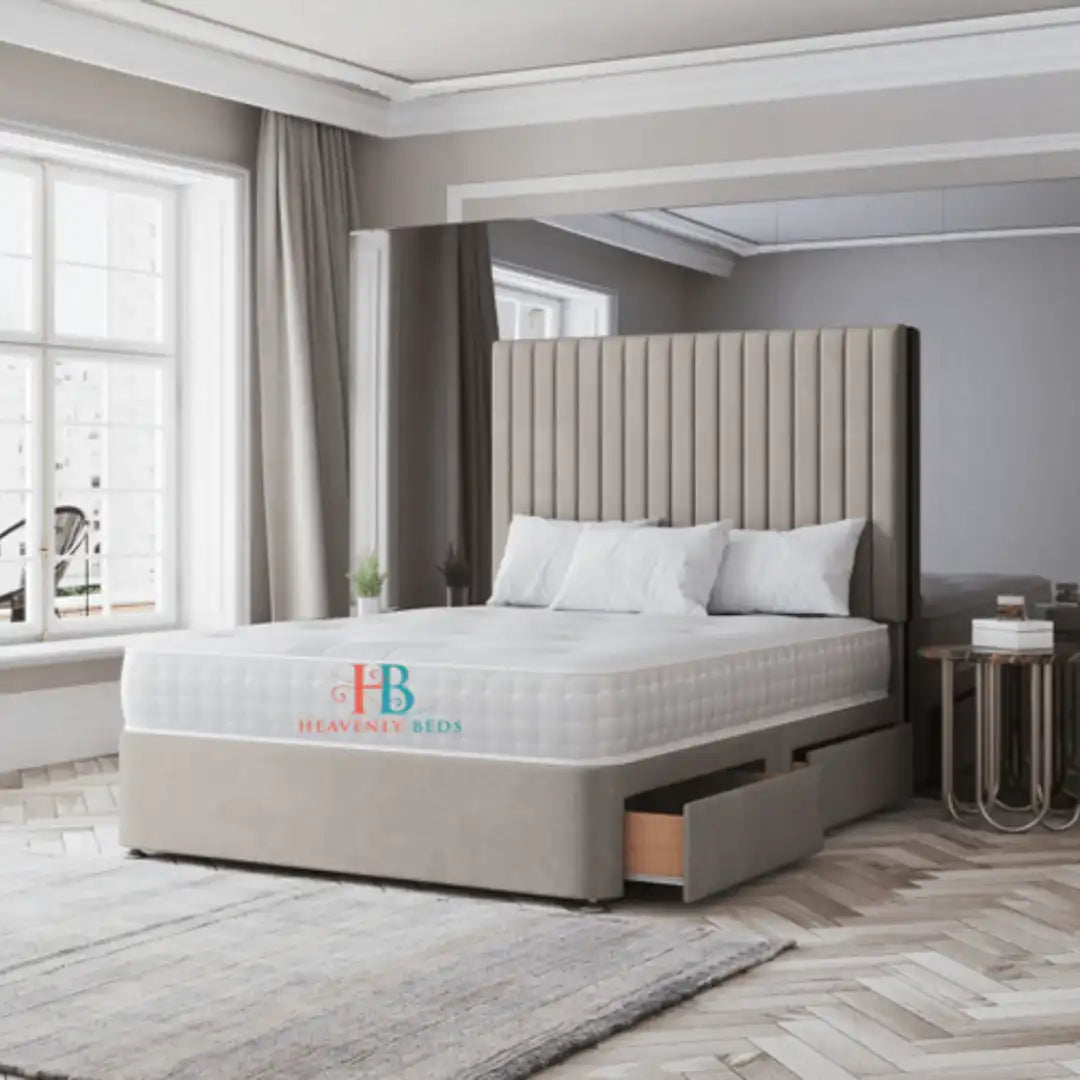 Panel Divan Bed with storage - 54" high headboard in cream plush velvet