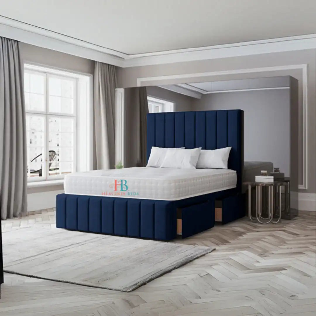 Luxury Divan Bed Blue Plush velvet - 54" high headboard
