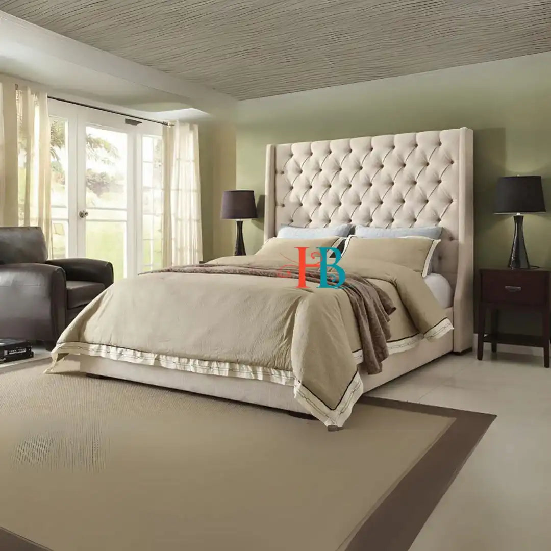 Wingback Bed Frame in cream plush velvet - Storage option