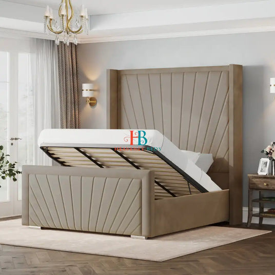 High headboard wingback bed with storage made by Heavenlybeds