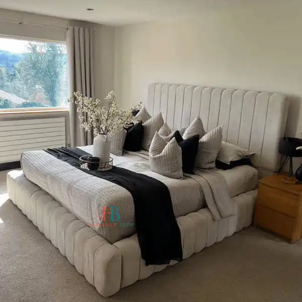 Thick Panelled Bed Frame - Cream Velvet Super King