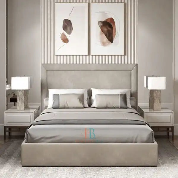 Storage cream bed with mattress and 54" high headboard