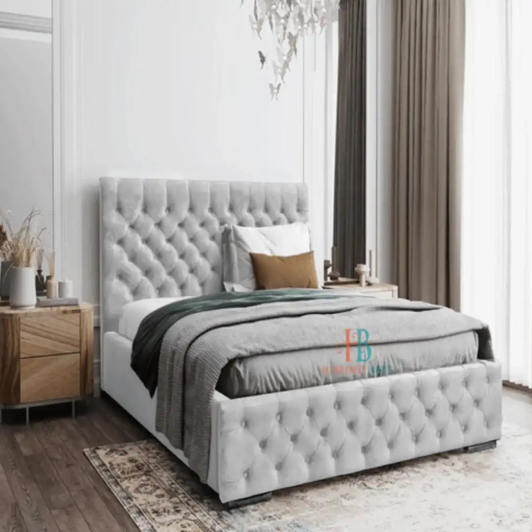 Buttoned bed frame with mattress in silver plush velvet - 54" high headboard