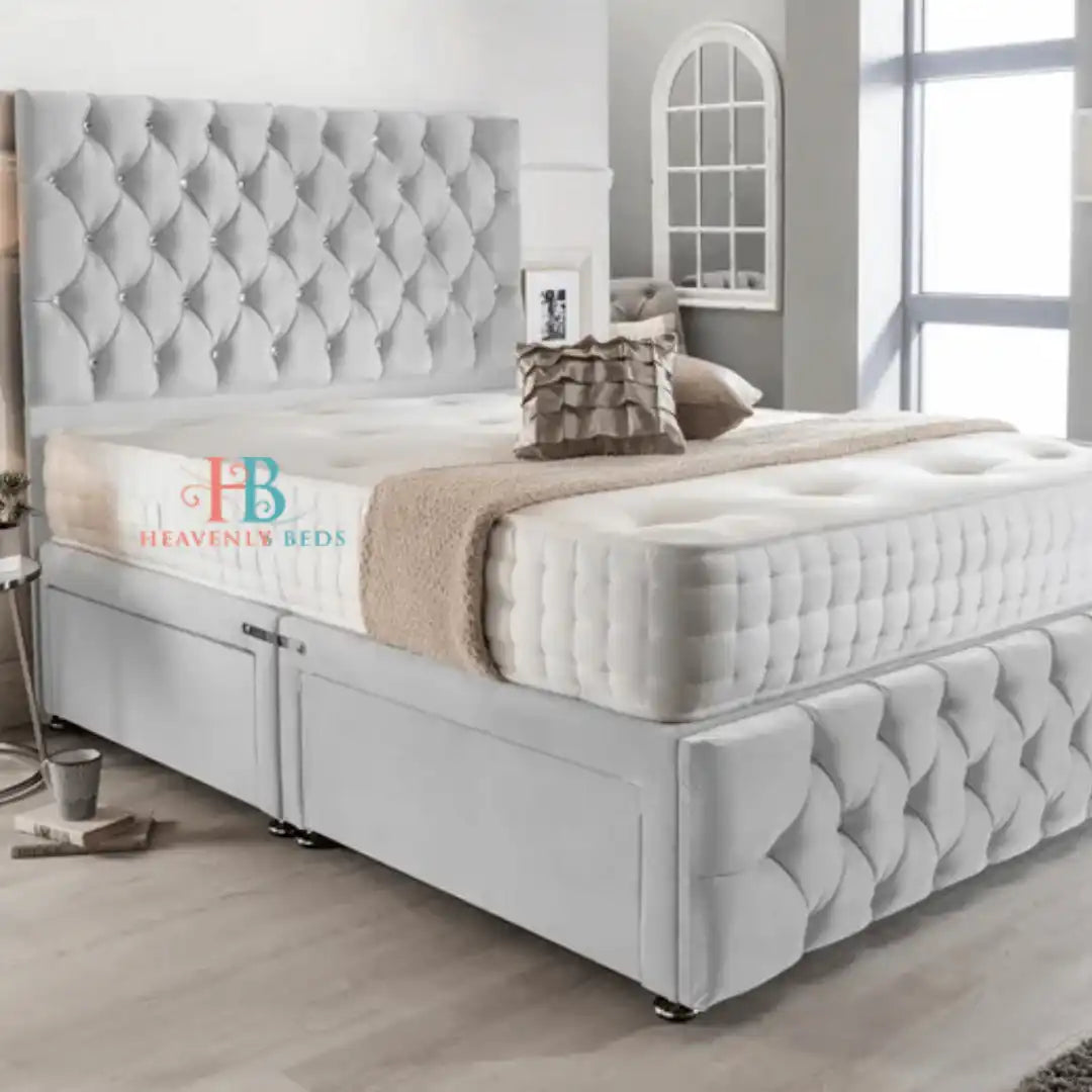 Chesterfield Divan Bed in silver plush velvet with buttoned footboard
