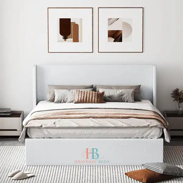 White velvet wingback bed frame in super king size