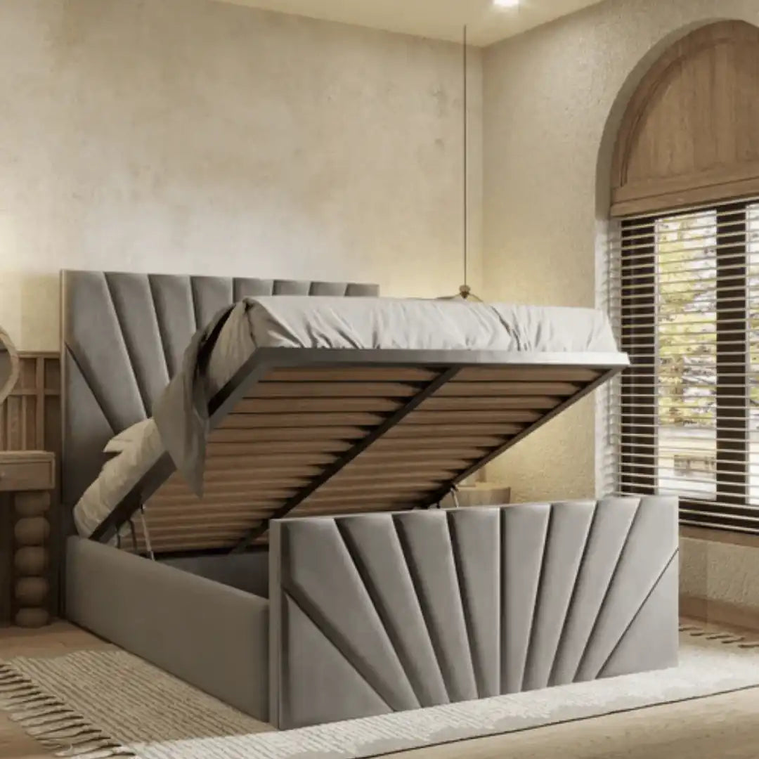 Grey bed frame with headboard - Metal gas lift storage