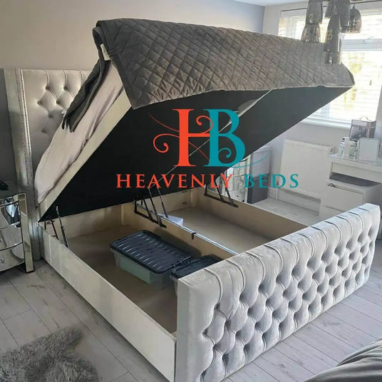 Wingback Metal Gas Lift Storage Bed with High Footboard