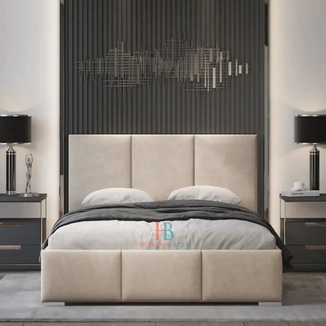 cream bed with metal gas lift storage