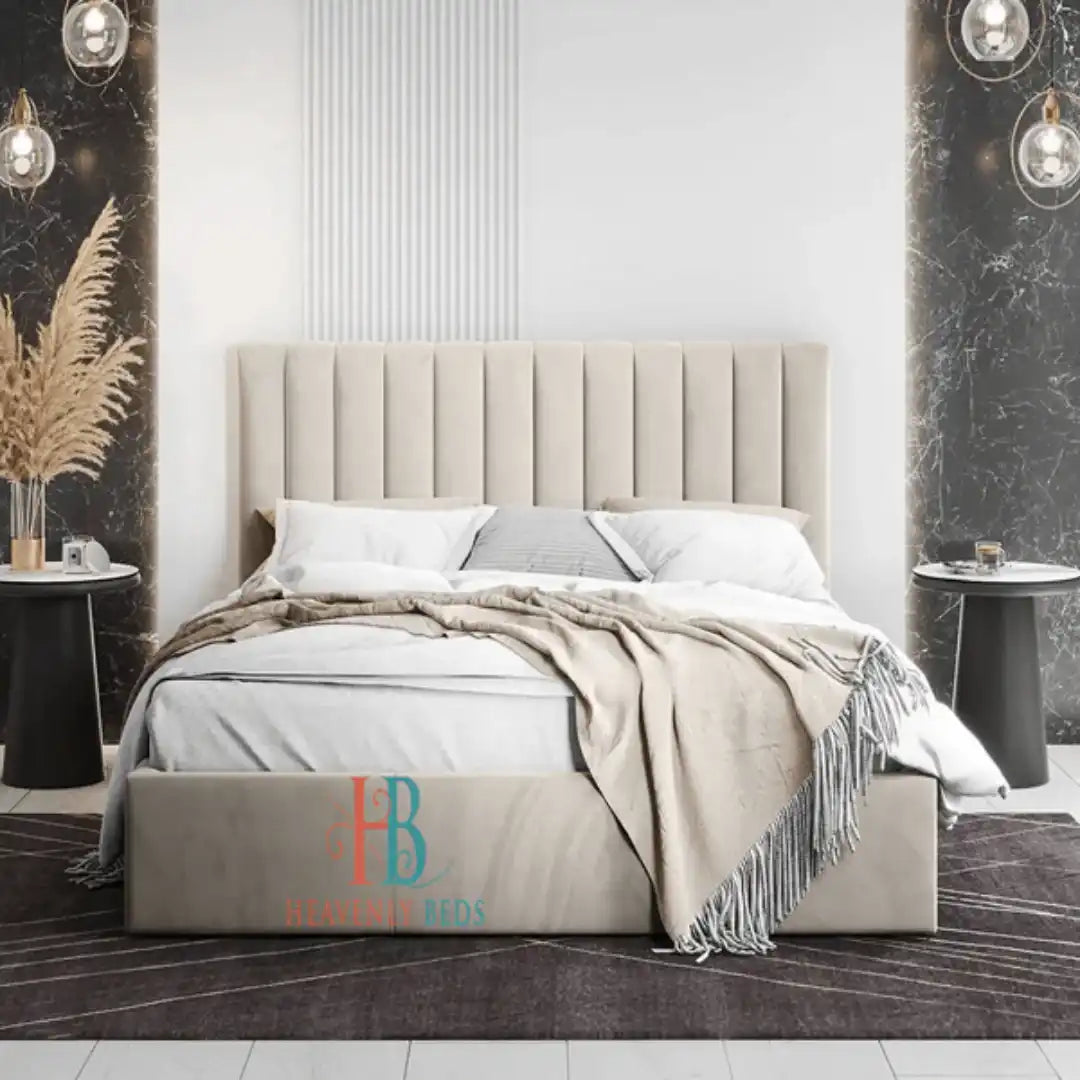 cream bed with mattress and panel headboard - storage option available