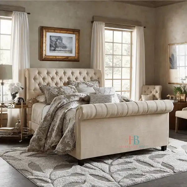 Lily Sleigh Scroll Upholstered Bed Frame - Heavenlybeds