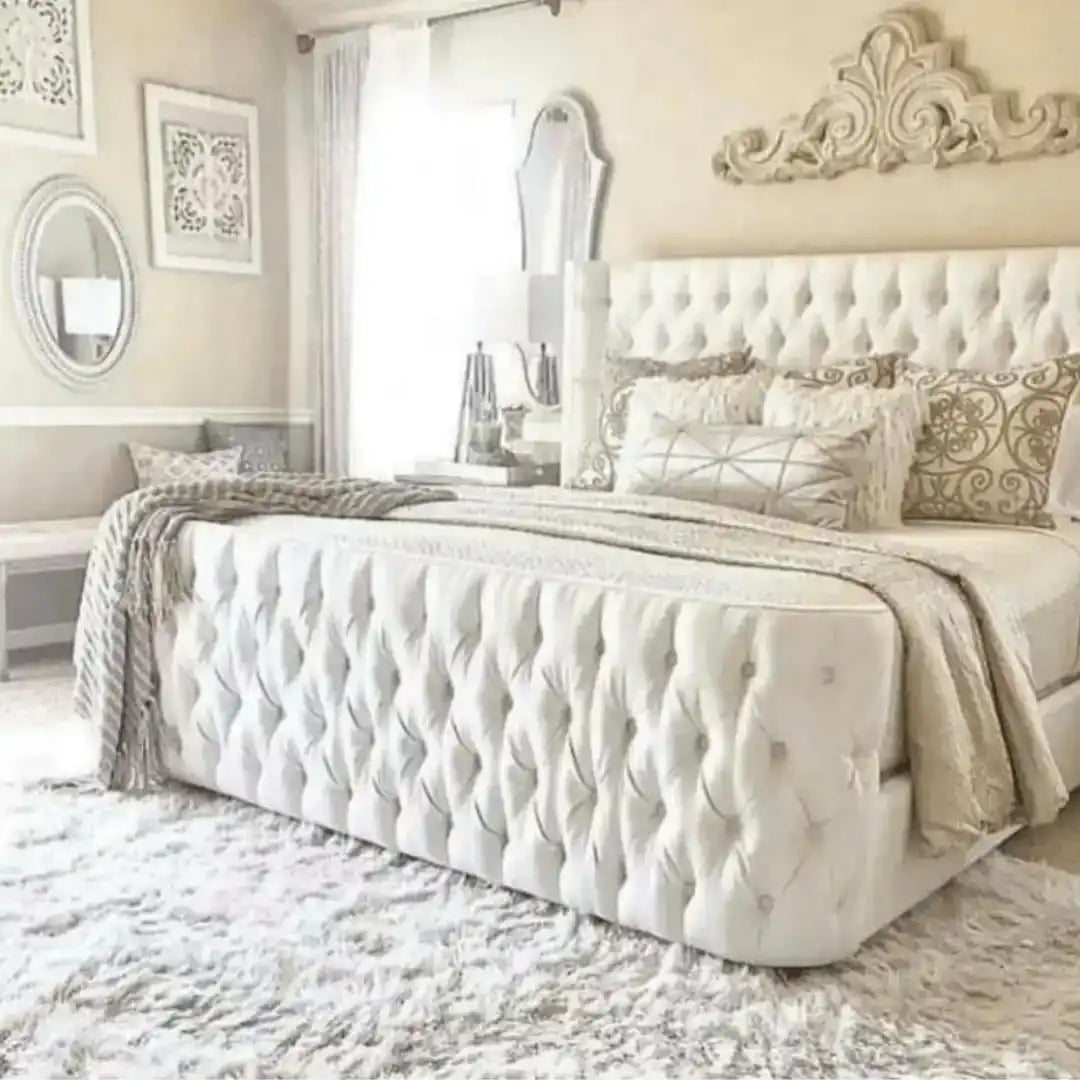 Curved Wingback Bed Frame in cream plush velvet