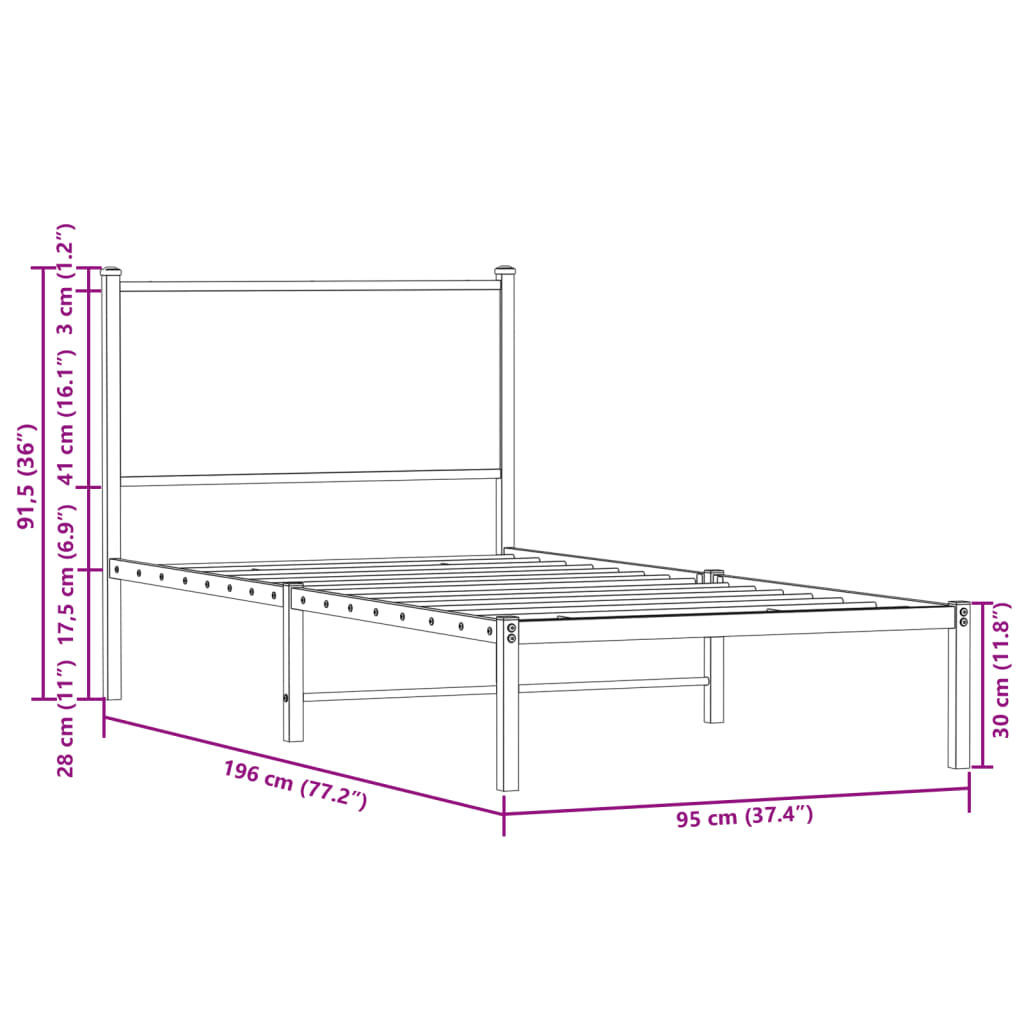 Metal Bed Frame without Mattress Brown Oak 90x190 cm Single
