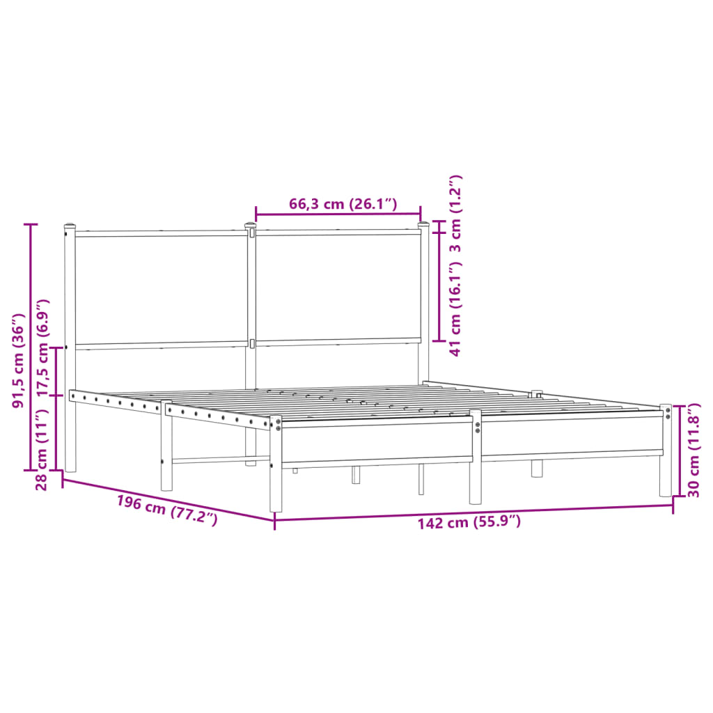 Metal Bed Frame without Mattress Sonoma Oak 137x190 cm