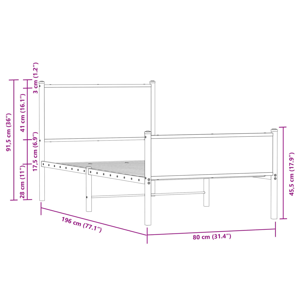 Metal Bed Frame without Mattress Sonoma Oak 75x190 cm Small Single