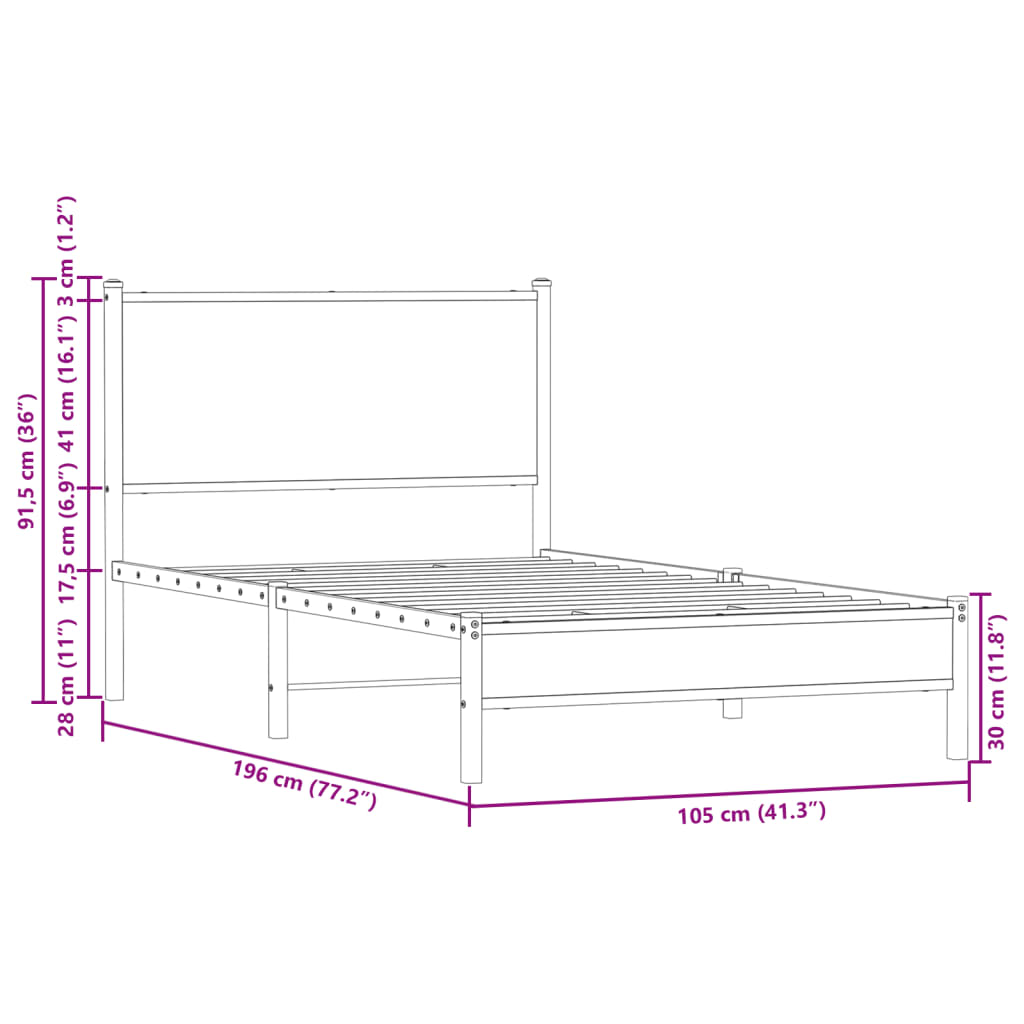 Metal Bed Frame without Mattress Brown Oak 100x190 cm