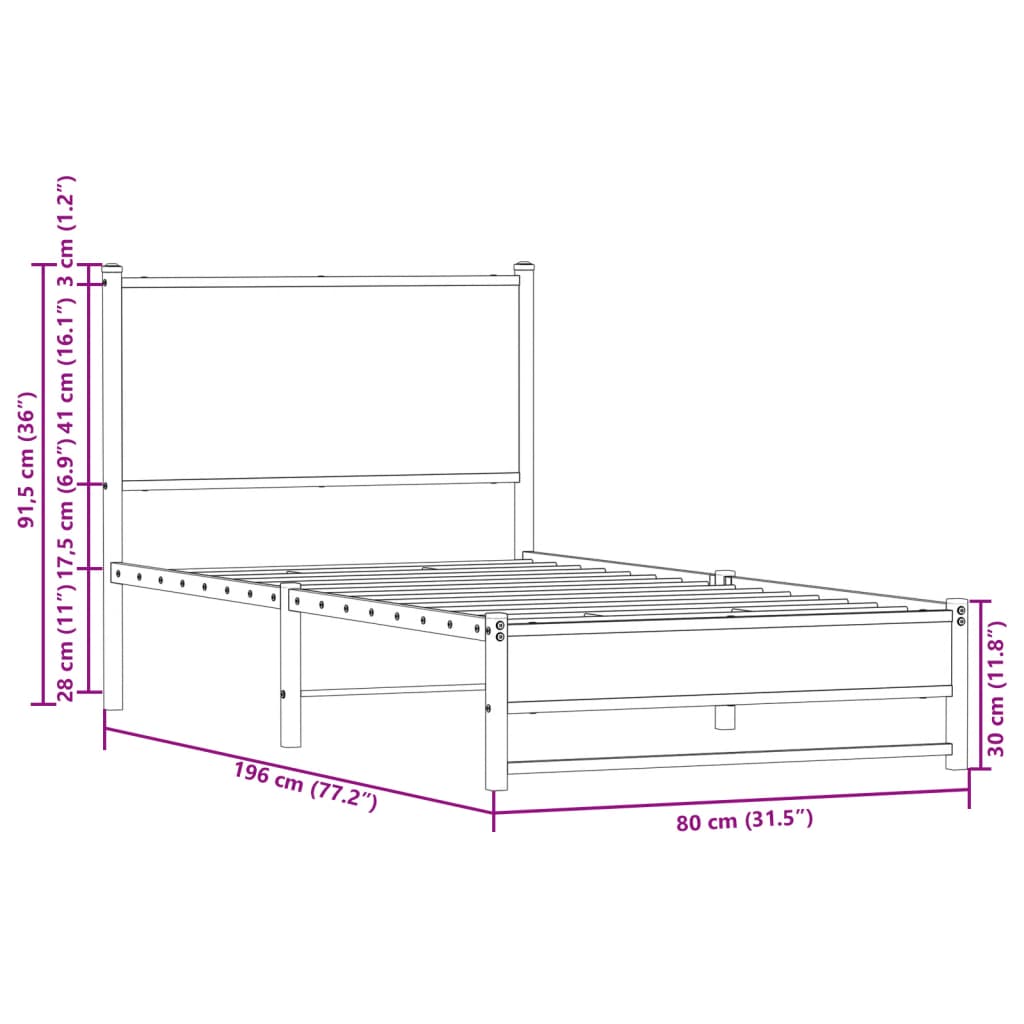 Metal Bed Frame without Mattress Brown Oak 75x190 cm Small Single
