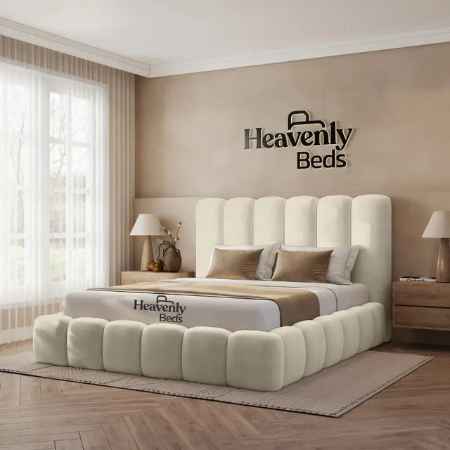 Beige upholstered bed made by Heavenlybeds