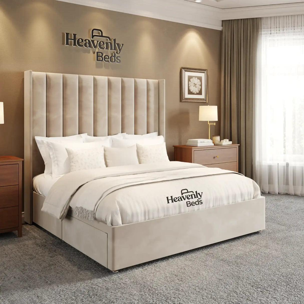 Wingback Divan Double Bed With Drawer Storage in Cream Plush Velvet 