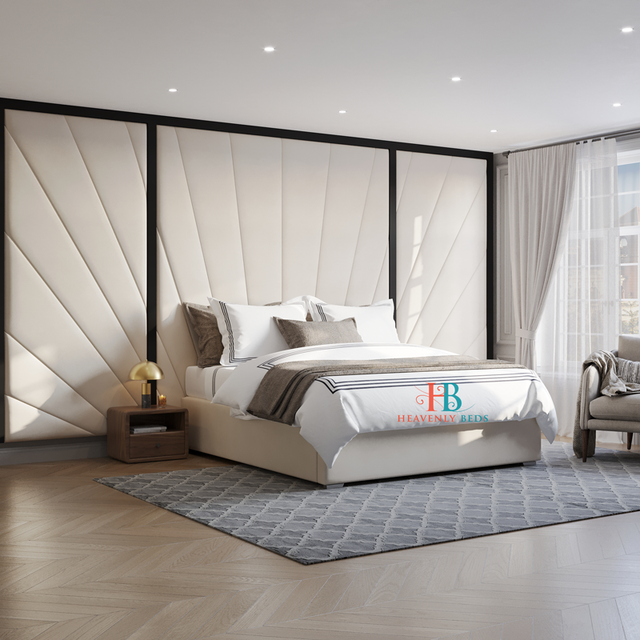 Modern bedroom with a large bed and decorative wall panels, featuring a black border