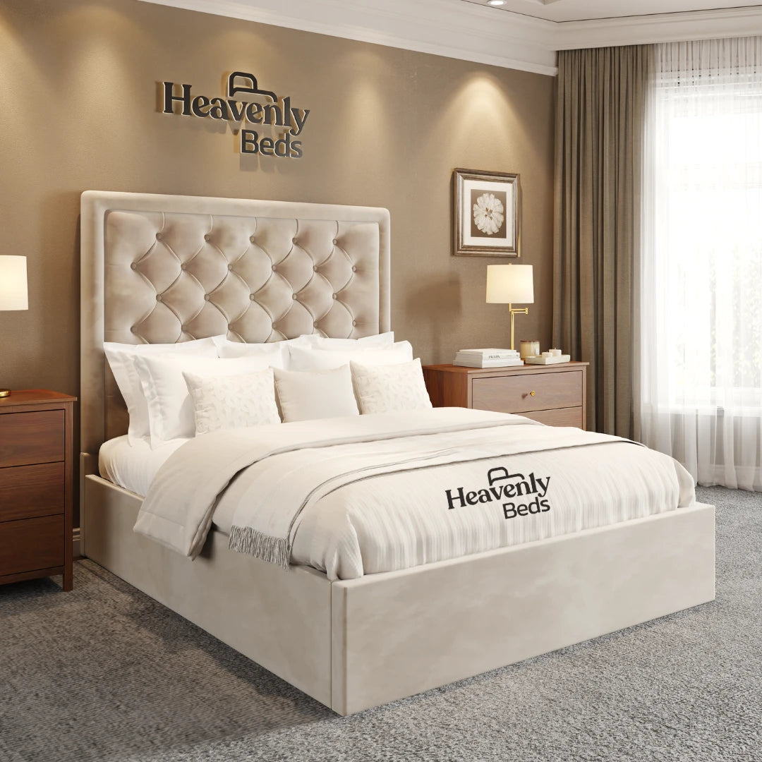 Caspian Upholstered Storage Bed Frame - Cream Plush Velvet