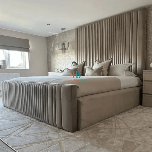 Luxurious High Panel Bed Frame - Mink Plush Velvet - Super King