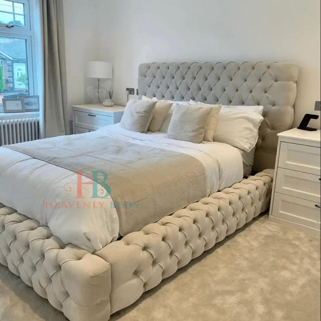Upholstered Bespoke Fabric Bed Frame in cream plush velvet
