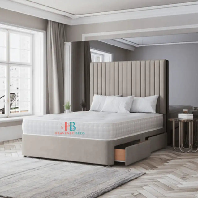 Panel Divan Bed with storage - 54" high headboard in cream plush velvet