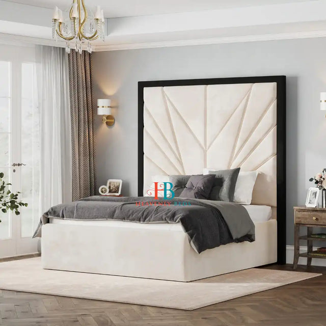Modern bed with a Tall upholstered headboard in cream plush velvet made by Heavenlybeds