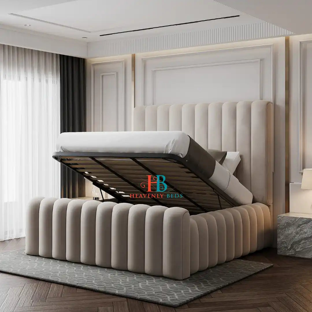 Cream upholstered bed with high headboard & metal gas lift storage