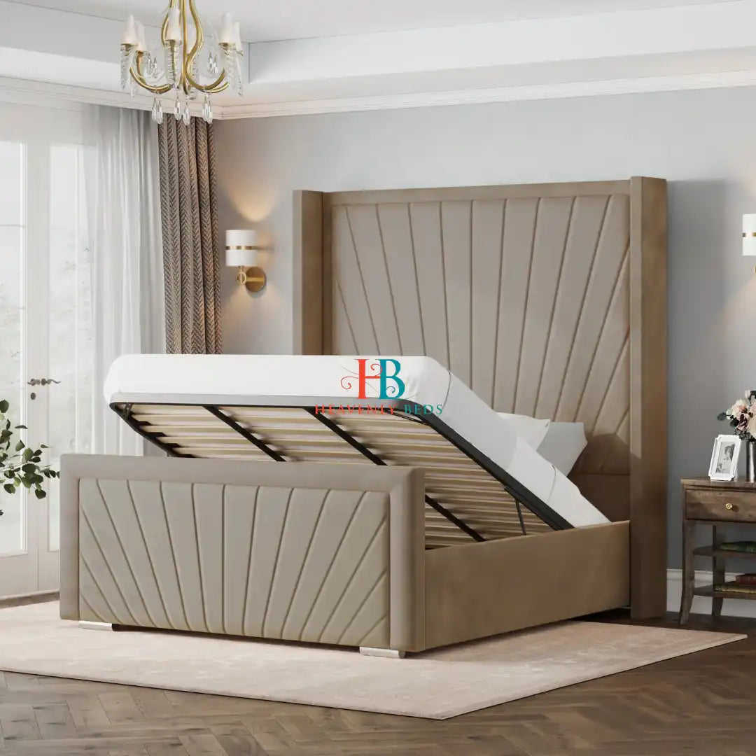 Monaco Wingback Storage Bed - Mink Plush Velvet - Heavenlybeds