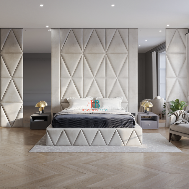 Modern bedroom with geometric headboard and matching bed frame