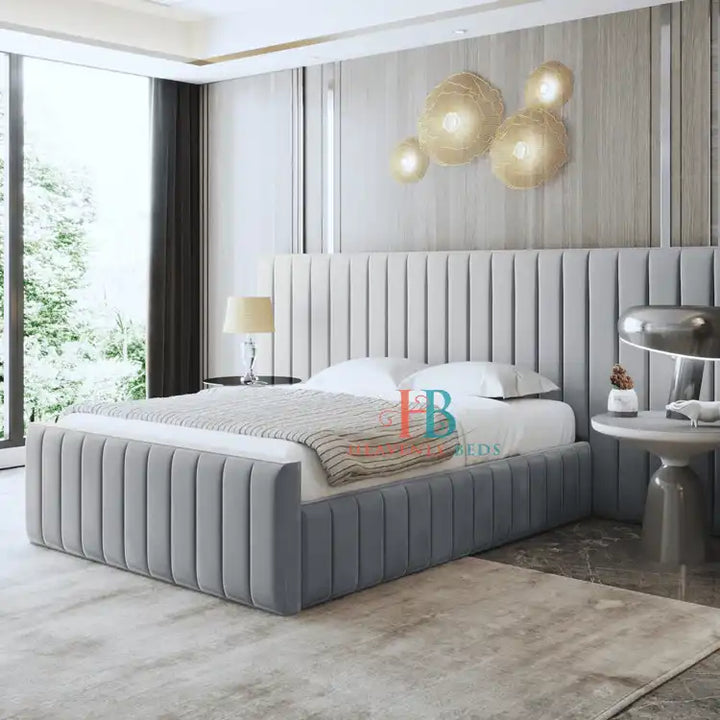 Aspen Upholstered Bed Frame + Oversized Wall Headboard Silver Velvet