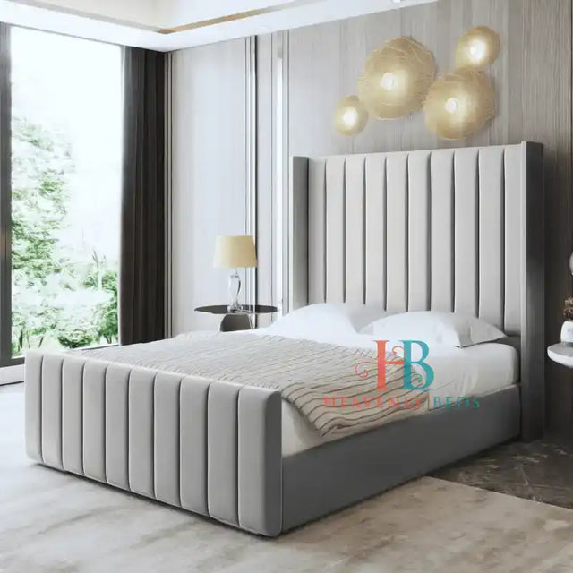 Panel Upholstered Wing Bed Frame Silver Velvet - King size bed 