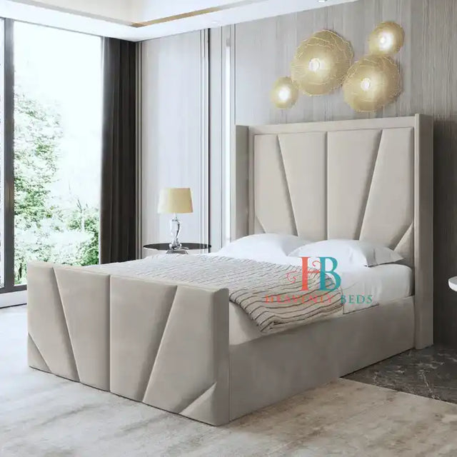 Wingback Bedframe in cream plush velvet + 65" high headboard