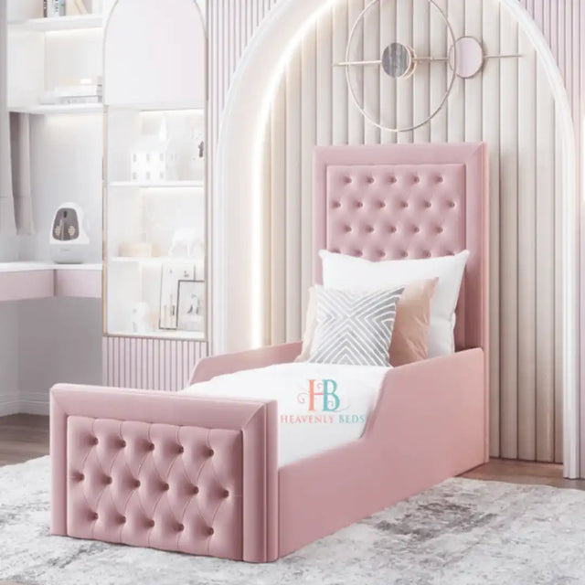 Kids Bedframe in baby pink plush velvet +  safety side rails