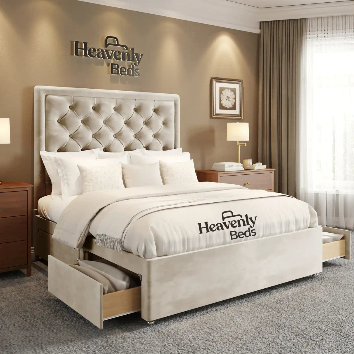 Divan Bed With Drawer Storage - Cream Plush Velvet