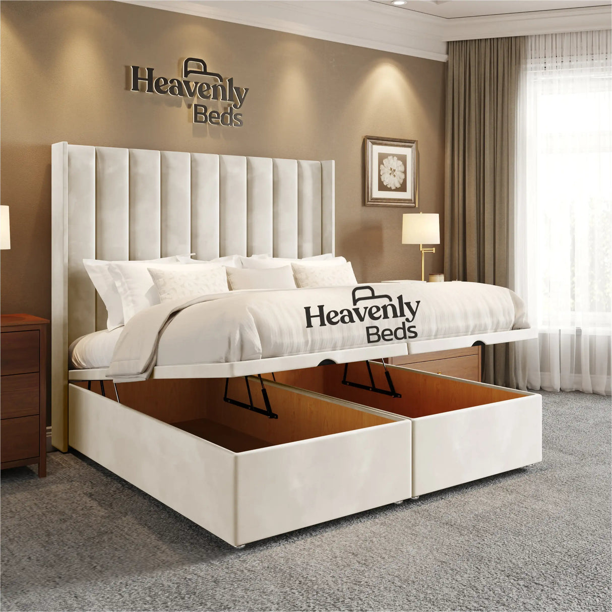 Wingback Divan Ottoman Bed Frame - High Headboard in cream plush velvet