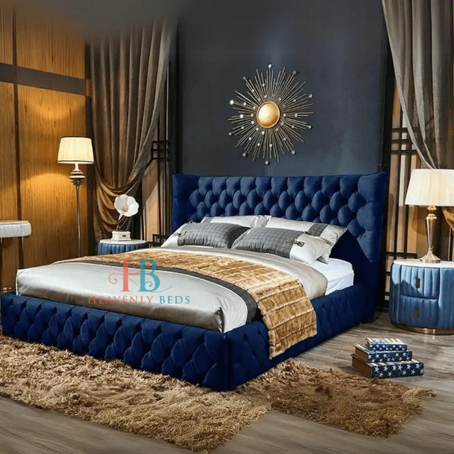 Chesterfield Wingback Bed Frame in blue plush velvet