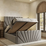 Grey bed frame with headboard  - Metal gas lift storage