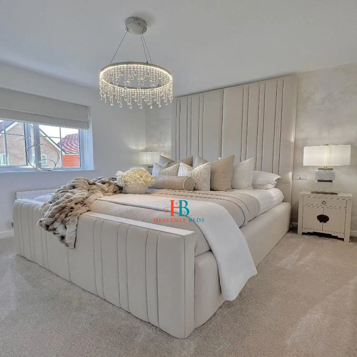 Bedframe in cream plush velvet - 95" Tall headboard