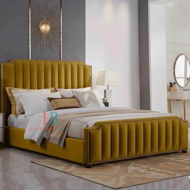 Mila Sleigh Mustard Velvet Bed Frame Choose Your Base Height - Heavenlybeds