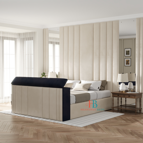 cream wall panel bed with tv 