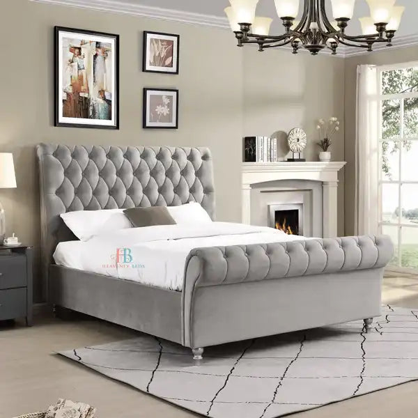Sofia Sleigh Scroll Upholstered Storage Bed Frame - Heavenlybeds